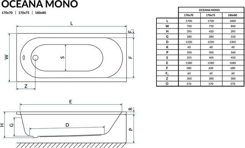 Ванна акриловая Excellent Oceana Mono 180x80 с ножками