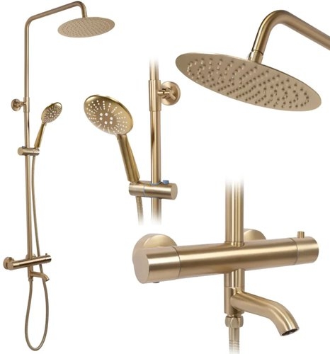 Душевая стойка Rea Lungo Matt Gold  с термостатом, золото брашированное