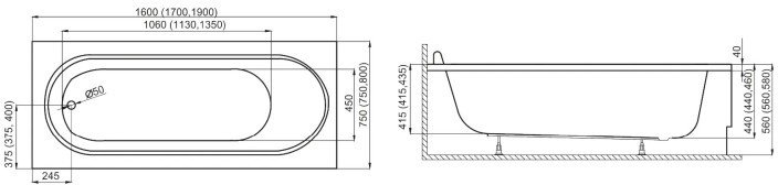 Ванна акриловая Polimat MEDIUM 190x80 с ножками, белая