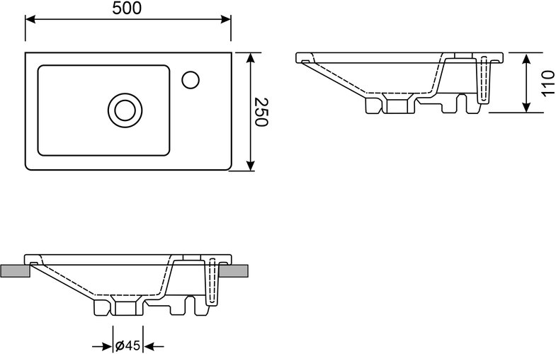 Умывальник настенный / на тумбу Wellsee WC Area 50x25 белый глянцевый (отверстие под смеситель справа)