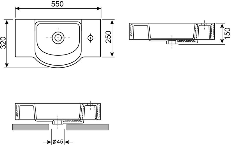 Умывальник накладной / настенный Wellsee WC Area 55x32 белый глянцевый (отверстие под смеситель справа)