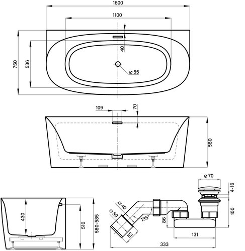 Ванна акриловая Wellsee Belle Spa 2.0 160x75 белый глянец (слив-перелив хром)