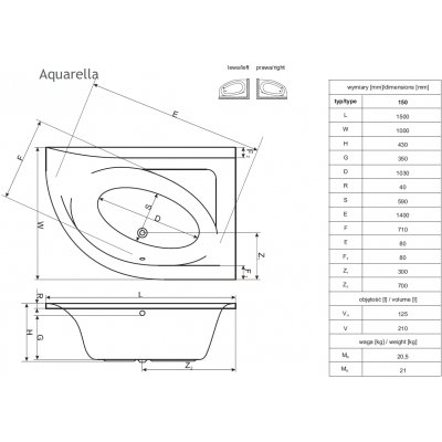 Акриловая ванна Excellent Aquarella 150x100, угловая левая 