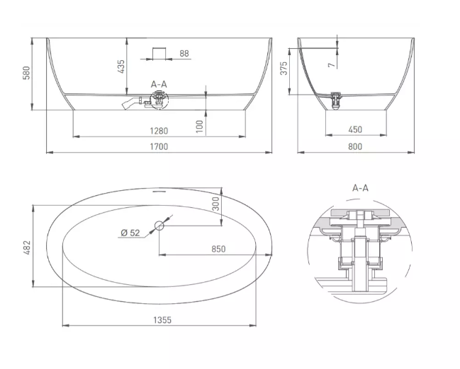 Ванна Salini Alda Nuova 170 170 х 80 х 58 см, из искусственного камня S-Stone, белый матовый