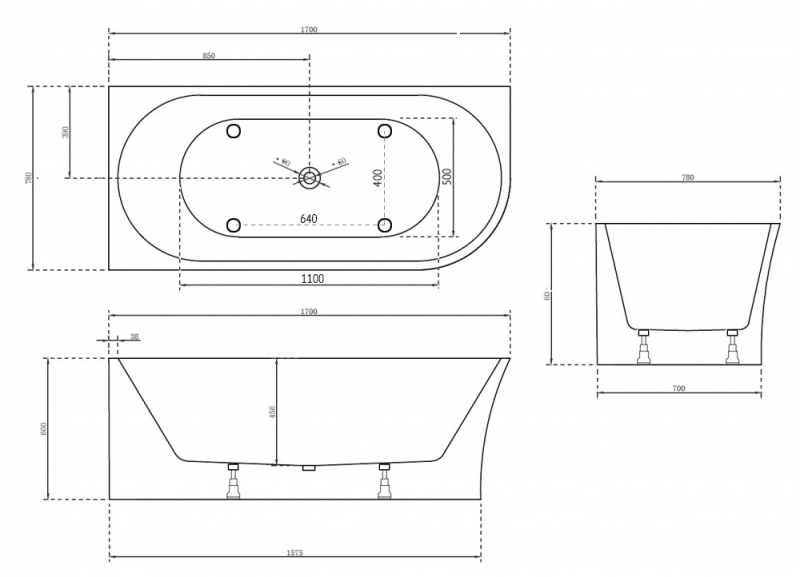 Акриловая ванна 170*78 ABBER  белая (L)