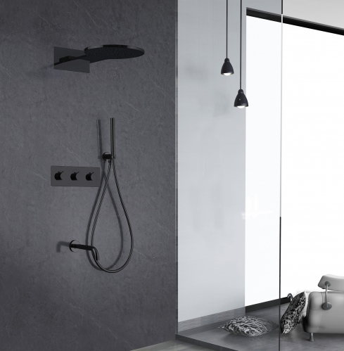 Душевая система ABBER Wasser Kreis скрытого монтажа с изливом, термостат, черная матовая
