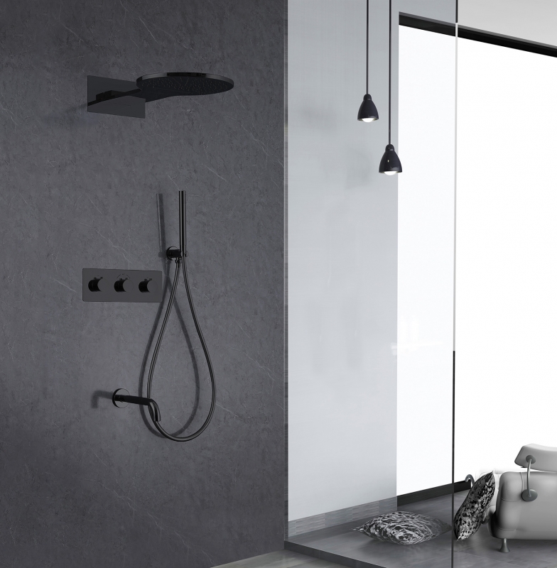 Душевая система ABBER Wasser Kreis скрытого монтажа с изливом, термостат, черная матовая