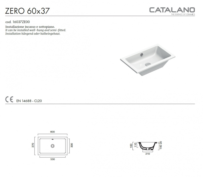 Раковина Catalano Zero 60*37 встраиваемая снизу, белый глянцевый