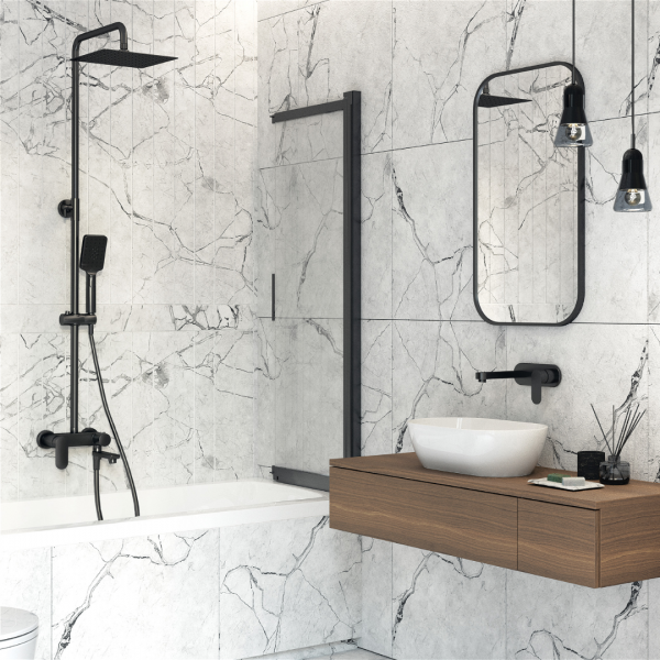 Deante Prizma Штора на ванну, стекло прозрачное, 100х140см, профиль черный 