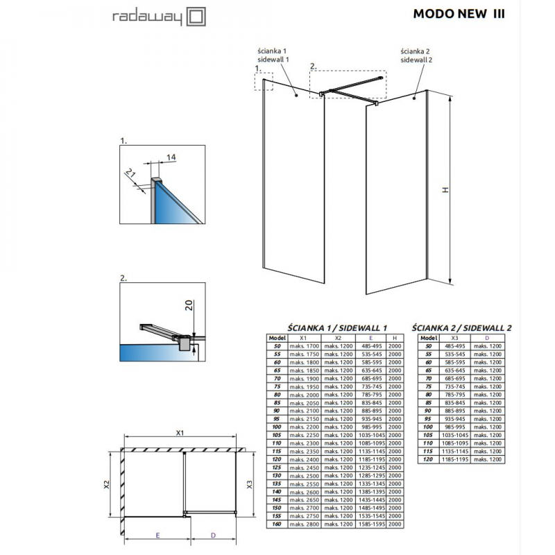 Душевое ограждение Walk-in Radaway MODO NEW BRUSHED NICKEL III, 