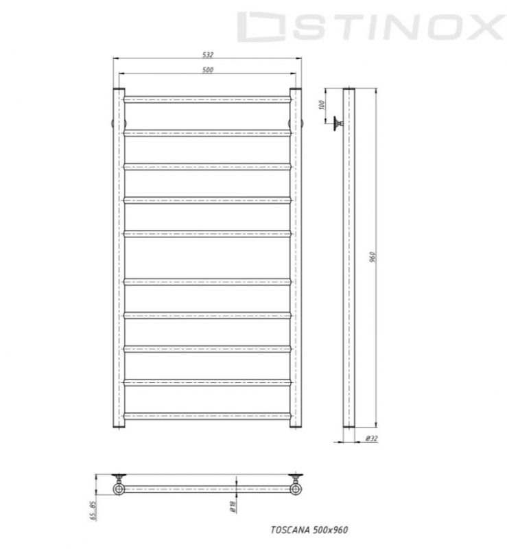 Полотенцесушитель Stinox TOSCANA 500x1000, нижнее, с комплектом подключения