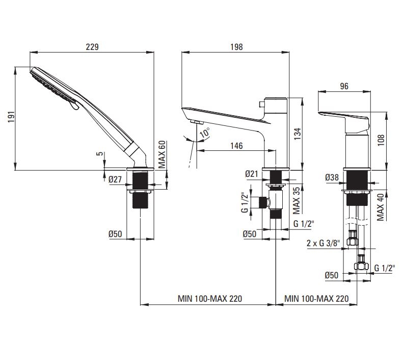 Deante Arnika Смеситель для ванны врезной на 3 отверстия, хром