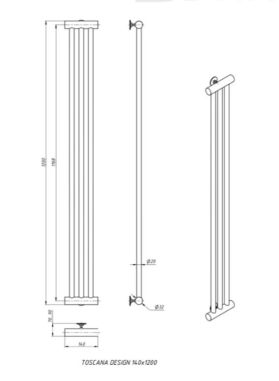 Полотенцесушитель Stinox TOSCANA DESIGN 140x1200 белый матовый, 3 крючка, с комплектом подключения