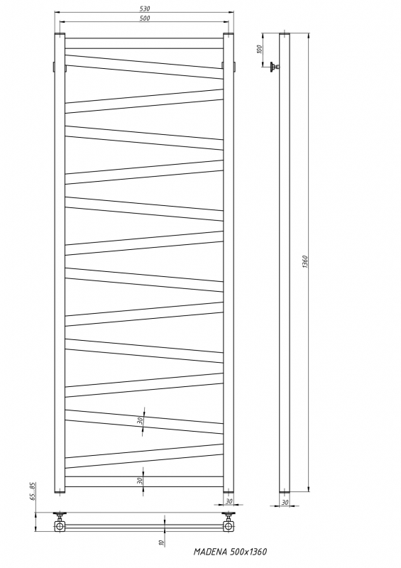 Полотенцесушитель водяной с возможностью подключения электрического нагревателя MADENA 500x1300 RAL 