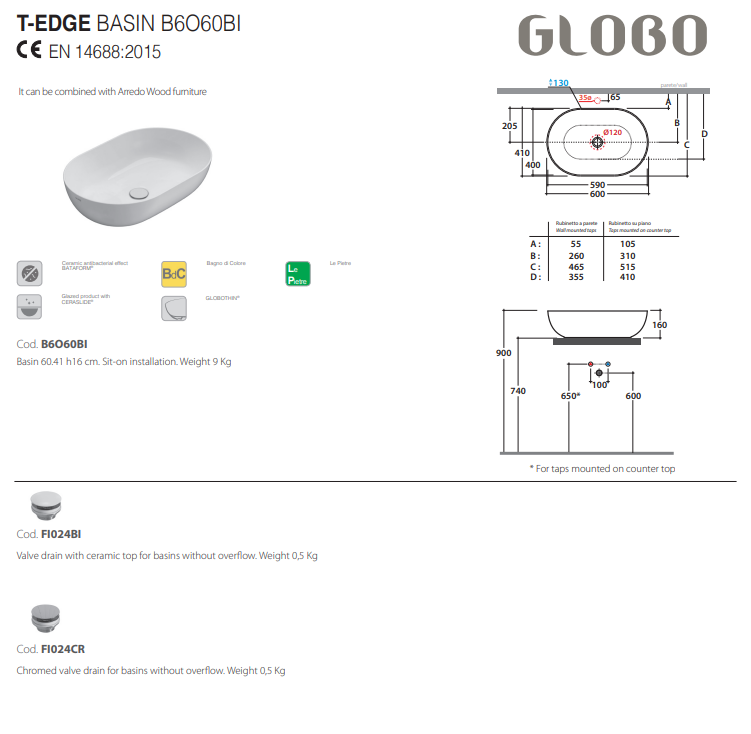 GLOBO РАКОВИНА T-EDGE ДЛЯ УСТАНОВКИ НА СТОЛЕШНИЦУ, РАЗМЕР 60Х41 СМ, ЦВЕТ BI (BIANCO)