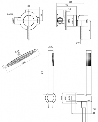 Душевая система AQUAme Siena Slim, встраиваемая, на 3 режима, с внутренней частью