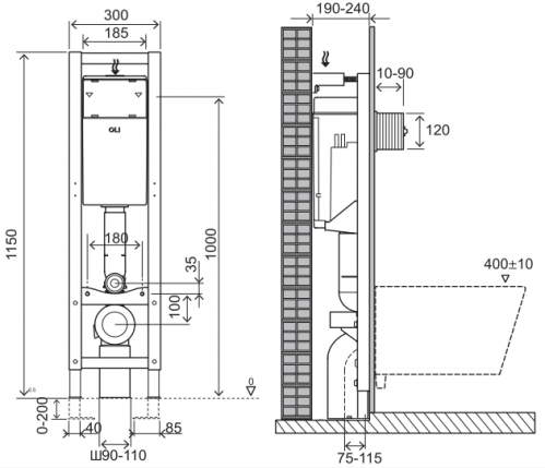 Инсталляция для унитаза OLI Quadra Plus Sanitarblock, высота 115 см, ширина 30 см