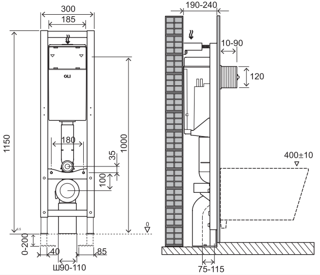 Инсталляция для унитаза OLI Quadra Plus Sanitarblock, высота 115 см, ширина 30 см
