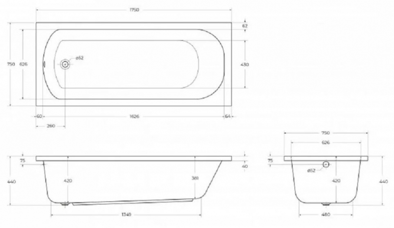 Ванна акриловая Cezares, 175 x 75 см с ножками