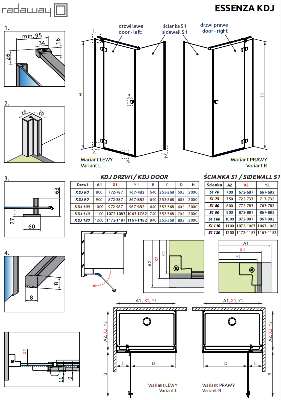 Душевой уголок Radaway ESSENZA BRUSHED NICKEL KDJ, профиль нержавеющая сталь