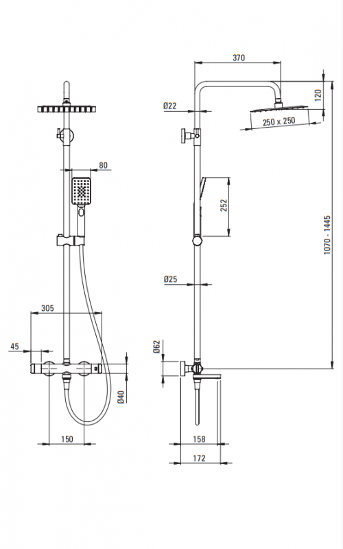 Deante Душевая колонна с термостатическим смесителем для ванны с поворотным изливом, титаниум