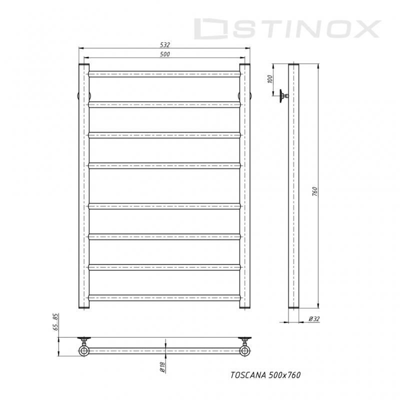 Полотенцесушитель водяной с возможностью подключения электрического нагревателя TOSCANA 500 x 800, тен NEX скрытого монтажа