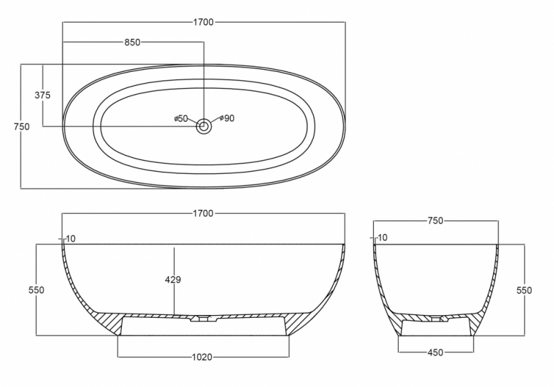Прозрачная ванна ABBER Kristall Onyx 170*78