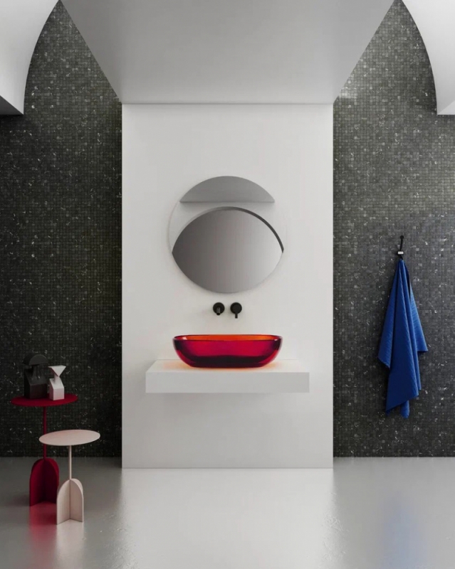 Раковина накладная прозрачная ABBER Kristall красная 60*40*15