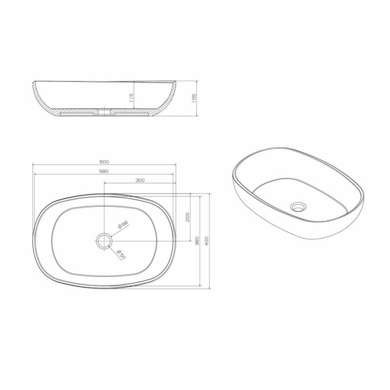Раковина накладная прозрачная ABBER Kristall красная 60*40*15