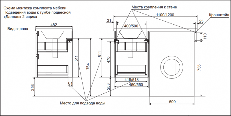 Тумба с раковиной Эстет Dallas Luxe подвесная 2 ящ. белая L, под стиральную машину