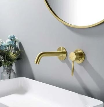 Смеситель для раковины настенный 2 отв. (внешняя и скрытая часть) AQUATEK, золото шлифованное  Европа