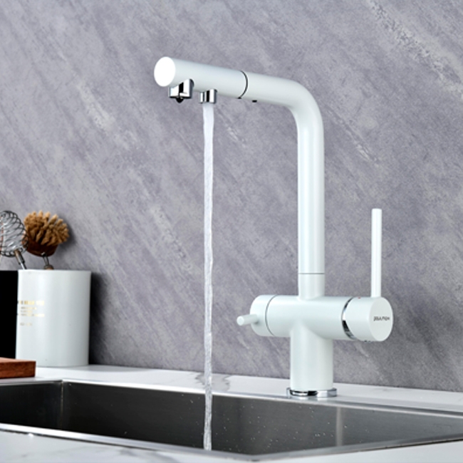 Смеситель PAULMARK SERPENTINE  белый матовыйс выдвижным изливом с возможностью подключения фильтра питьевой воды 