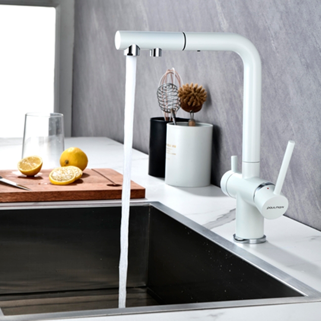 Смеситель PAULMARK SERPENTINE  белый матовыйс выдвижным изливом с возможностью подключения фильтра питьевой воды 