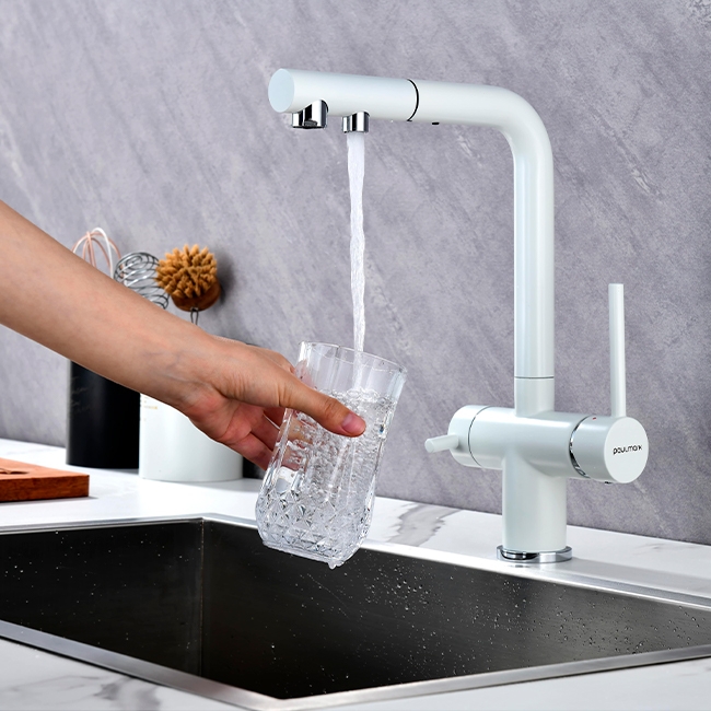 Смеситель PAULMARK SERPENTINE  белый матовыйс выдвижным изливом с возможностью подключения фильтра питьевой воды 