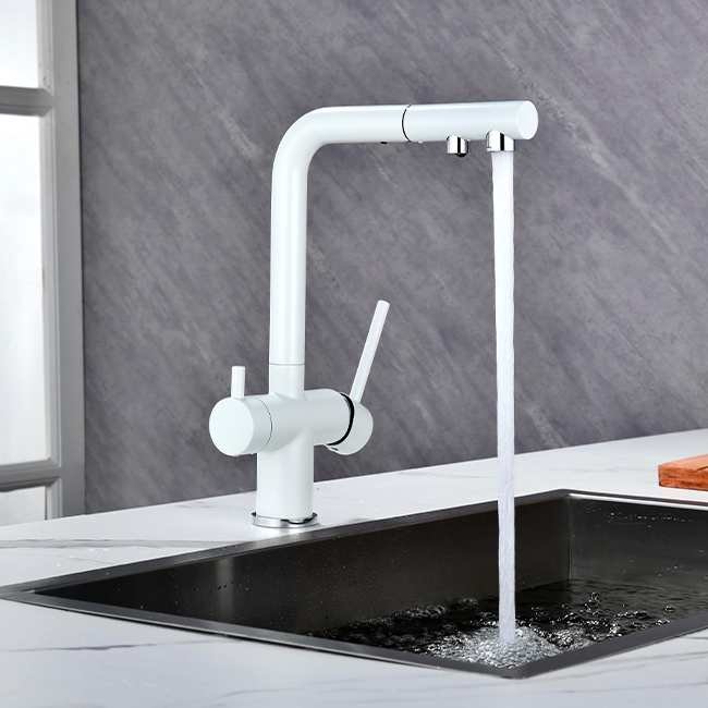 Смеситель PAULMARK SERPENTINE  белый матовыйс выдвижным изливом с возможностью подключения фильтра питьевой воды 