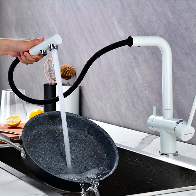 Смеситель PAULMARK SERPENTINE  белый матовыйс выдвижным изливом с возможностью подключения фильтра питьевой воды 