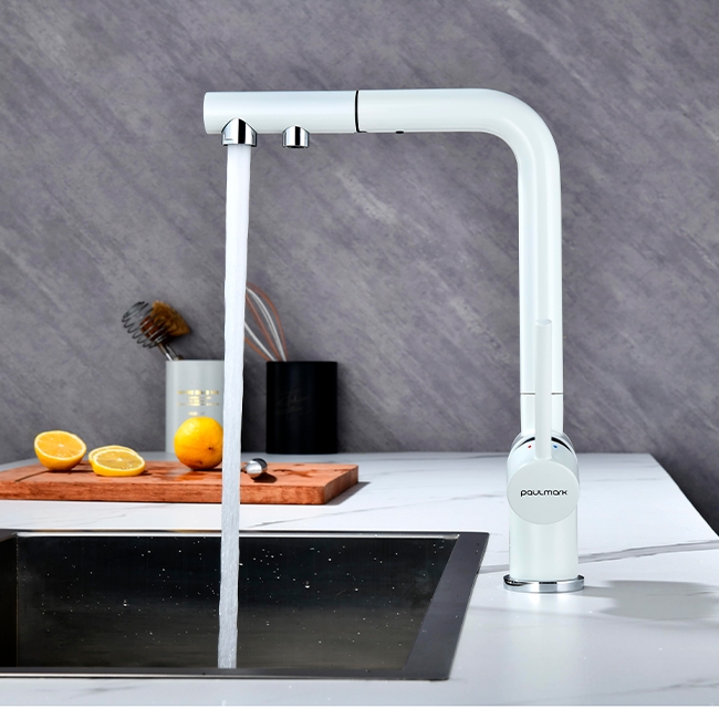 Смеситель PAULMARK SERPENTINE  белый матовыйс выдвижным изливом с возможностью подключения фильтра питьевой воды 