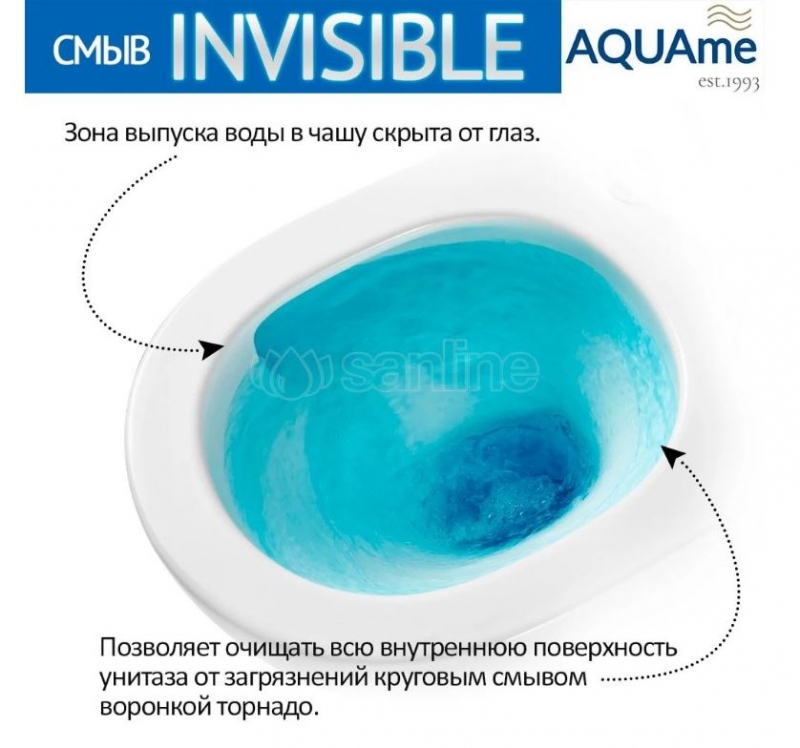 Унитаз подвесной AQUAme 52x36, безободковый, с сиденьем, смыв торнадо