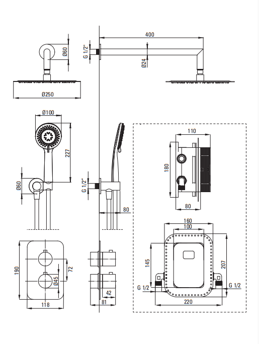 Deante Box Душевая система скрытого монтажа с кругл. термост. смесителем