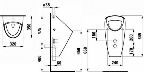 ПИССУАР LAUFEN CAPRINO PLUS, ВНУТРЕННИЙ ПОДВОД