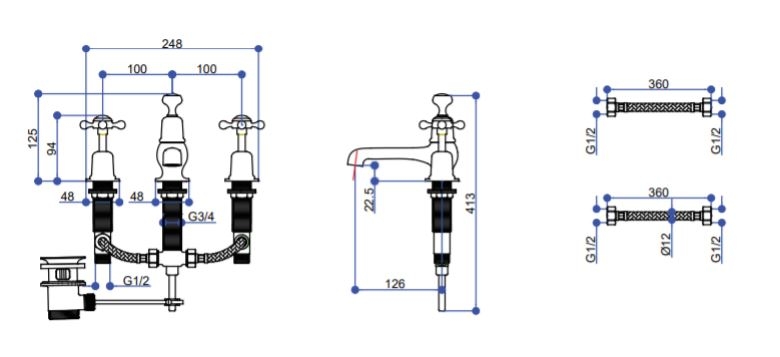 СМЕСИТЕЛЬ ДЛЯ РАКОВИНЫ НА 3 ОТВЕРСТИЯ BURLINGTON REGENT, С ДОННЫМ КЛАПАНОМ
