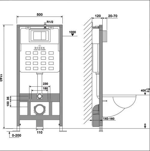 Комплект 6 в 1Roxen StounFix Dual Fresh:инсталляция, унитаз, клавиша смыва Santi 