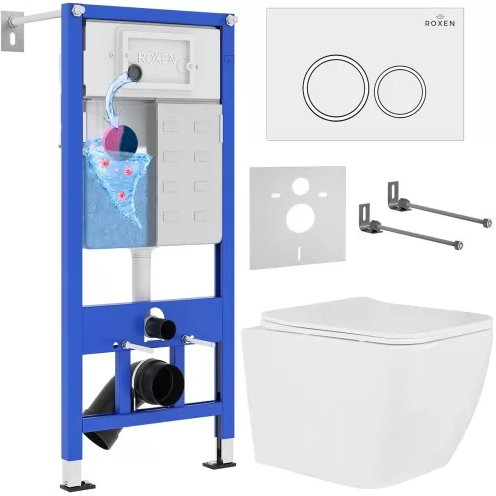 Комплект 6 в 1Roxen StounFix Dual Fresh:инсталляция, унитаз, клавиша смыва Santi 