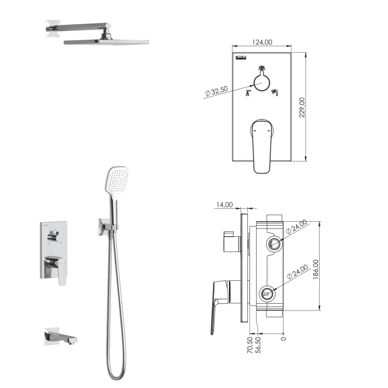 Teska Simena Душевая система скрытого монтажа 3-х функциональная, квадратная, хром