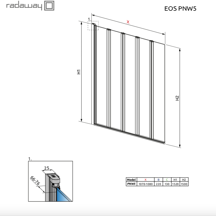 Шторка на ванну Radaway Eos PNW 107x152, пятистворчатая 