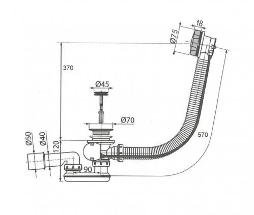 Слив-перелив полуавтомат для ванны 60 см, оружейная сталь