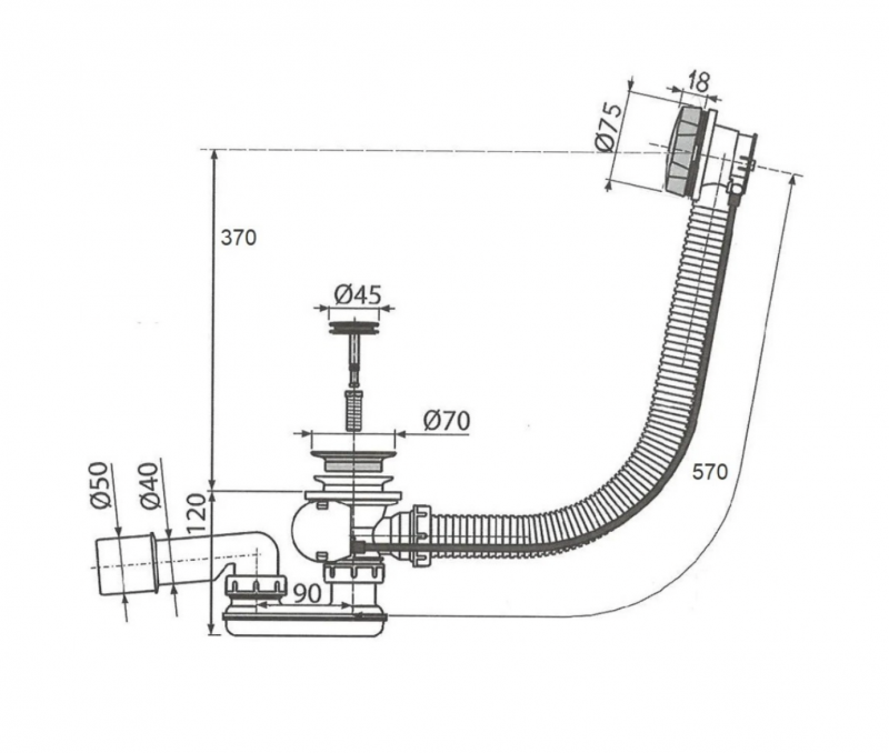 Слив-перелив полуавтомат для ванны 60 см, оружейная сталь