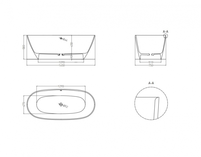 Ванна каменная Salini Sofia Light, S-Sense (глянцевый) в цвете RAL, с отверстием под перелив