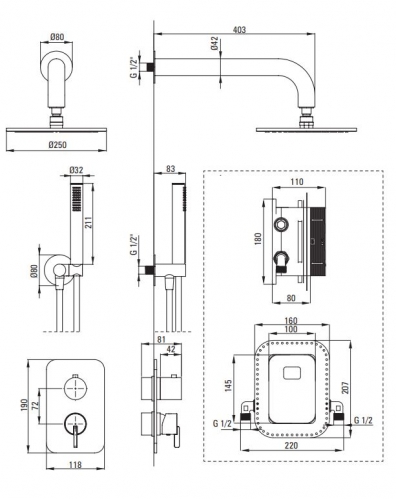 Душевая система скрытого монтажа c поворотным изливом Deante Silia графит