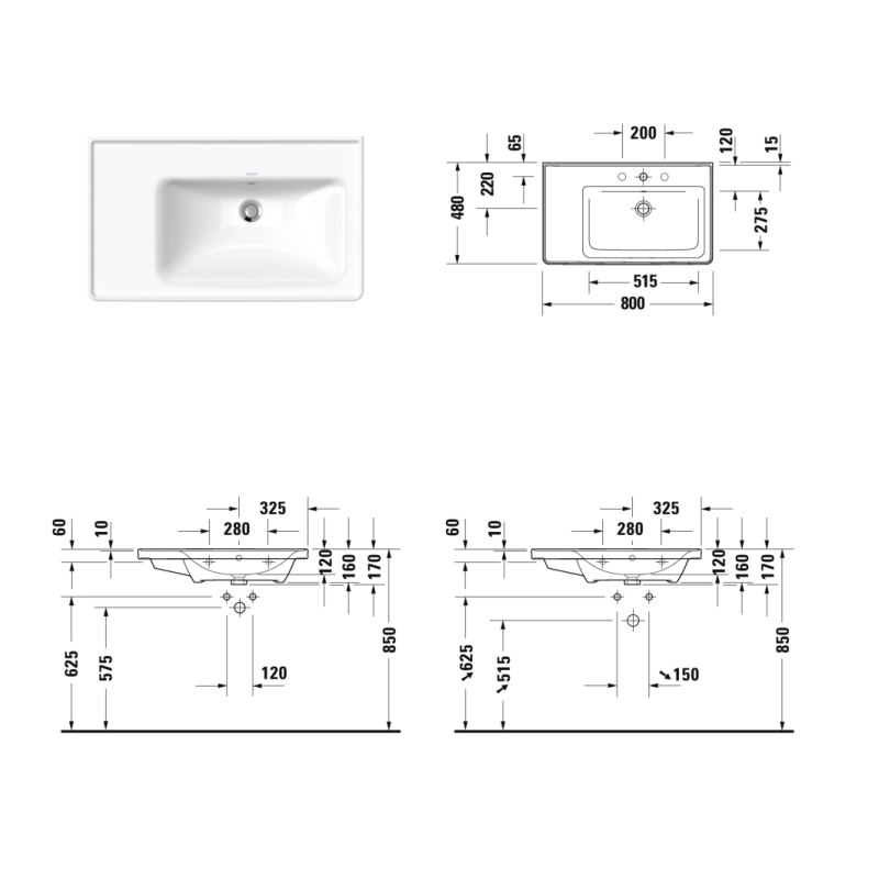 Duravit D-Neo Умывальник для мебели асимметричный 800 x 480 мм белый